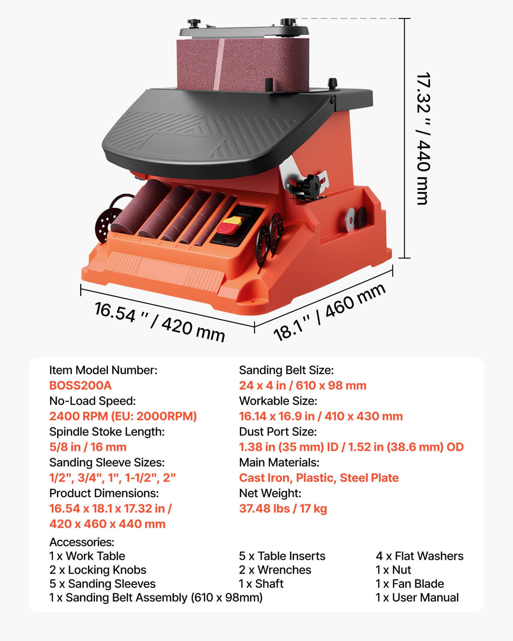 Oscillating Belt and Spindle Sander, 2400RPM Benchtop with 5 Sleeves & Sanding Belt R524