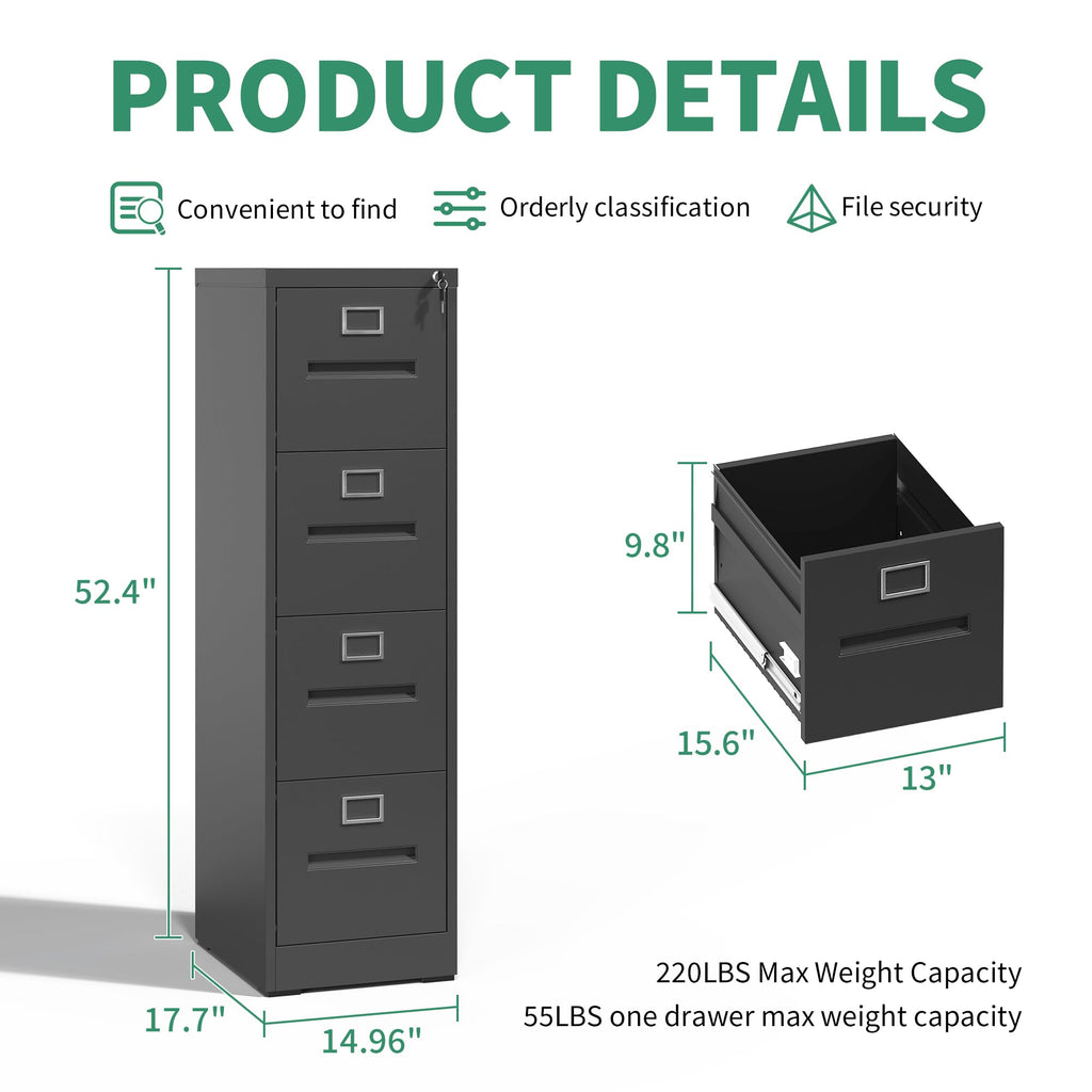 Black 4 Drawer Steel File Cabinet with Lock T2875