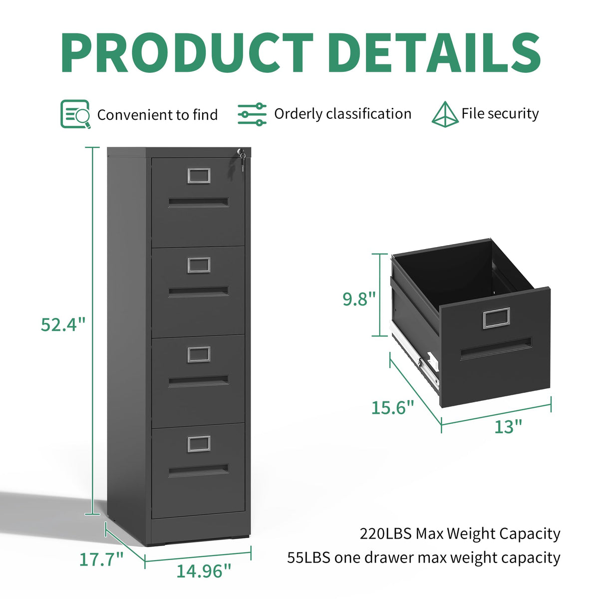 Black 4 Drawer Steel File Cabinet with Lock T2875