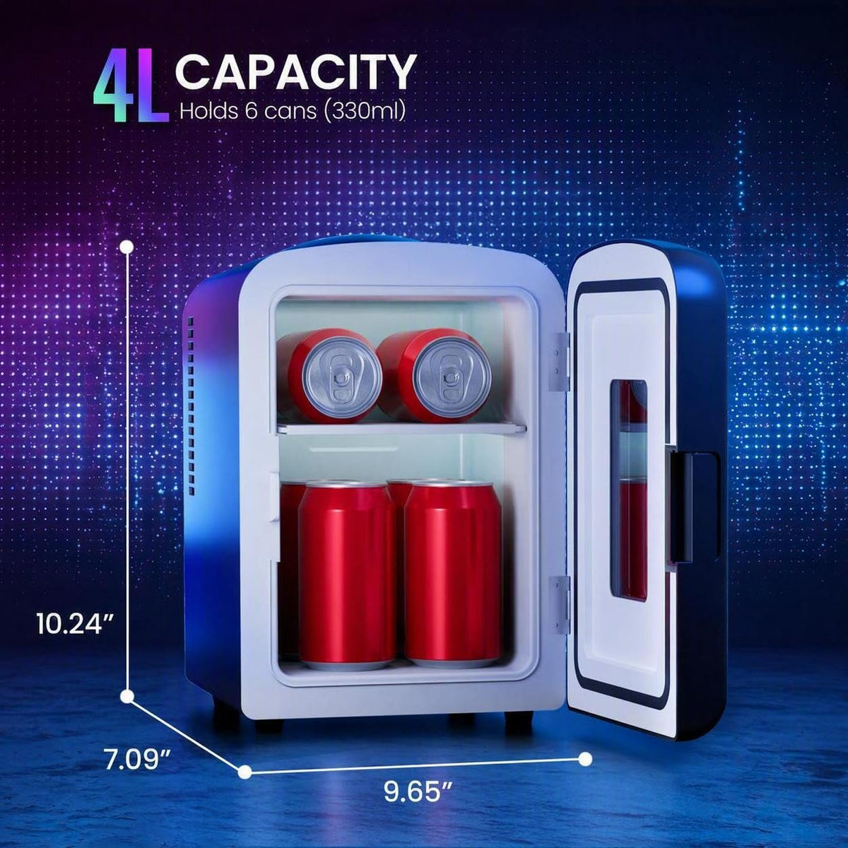 4L Mini Fridge with LED Light, 6-Can Portable Refrigerator, Black L168066