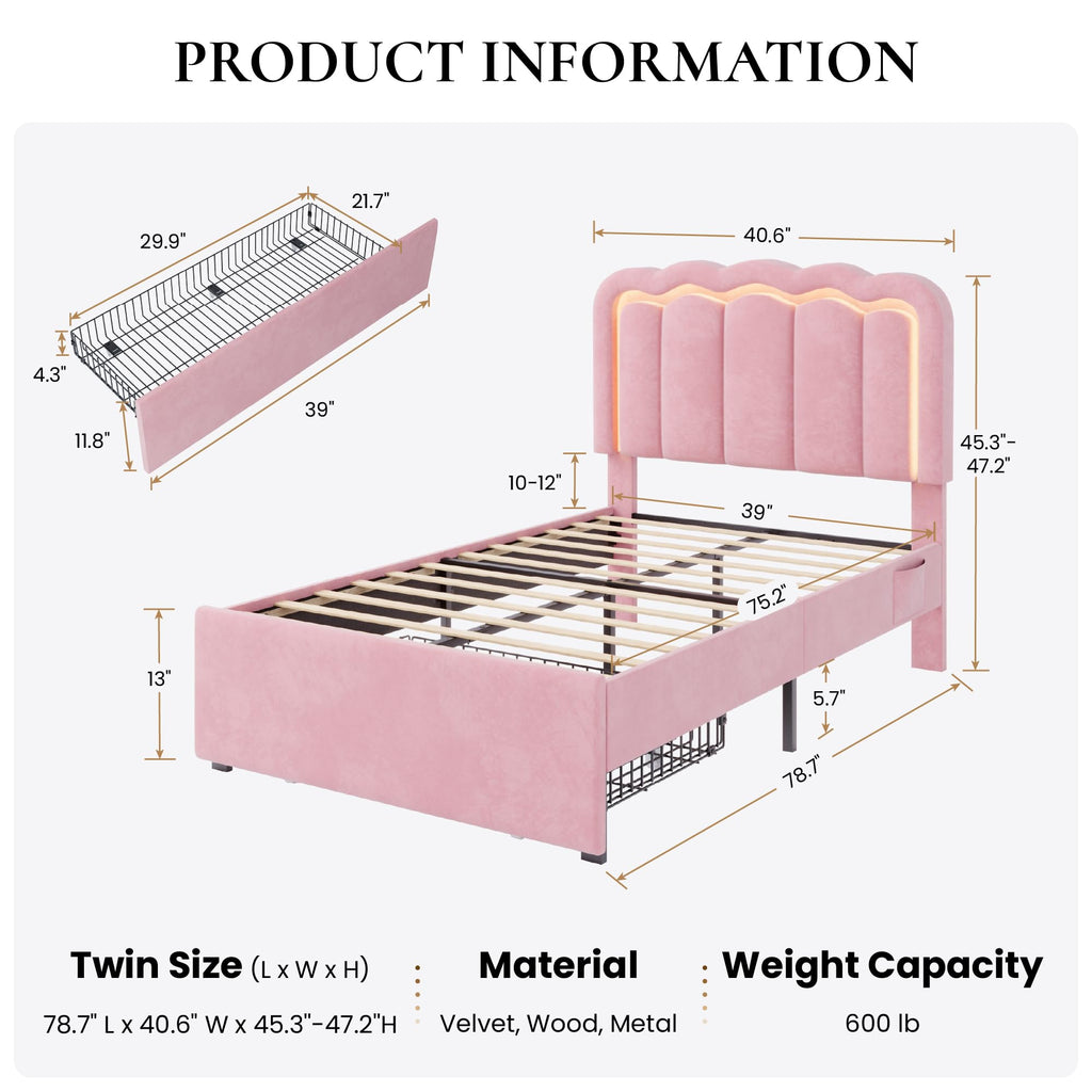 Twin Size Bed Frame with LED Lights and Storage Drawer O925219