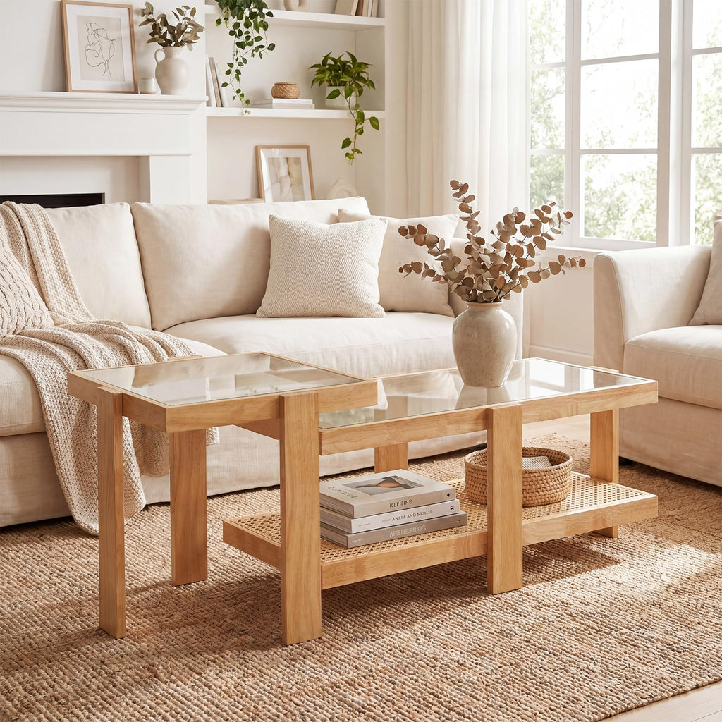 Nesting Coffee Table Set of 2 Rattan Tempered Glass R683397