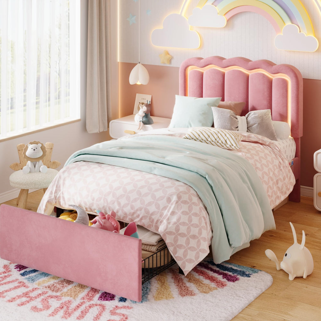 Twin Size Bed Frame with LED Lights and Storage Drawer O925219