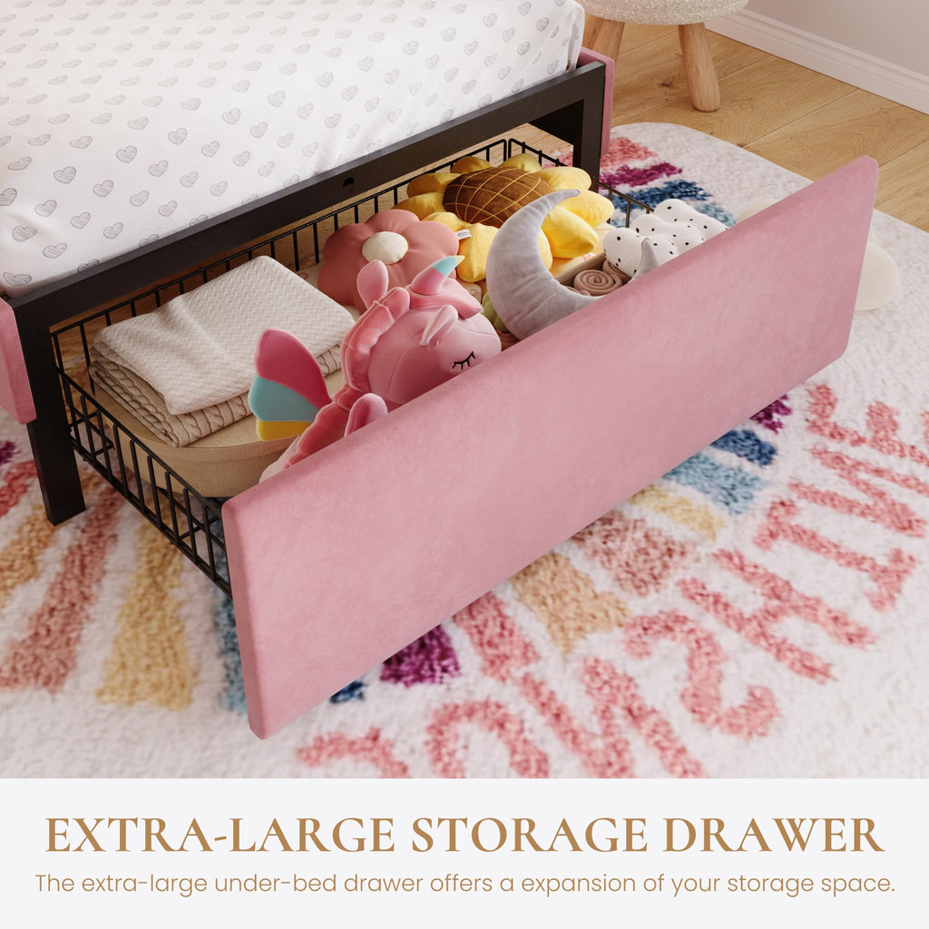Twin Size Bed Frame with LED Lights and Storage Drawer O925219