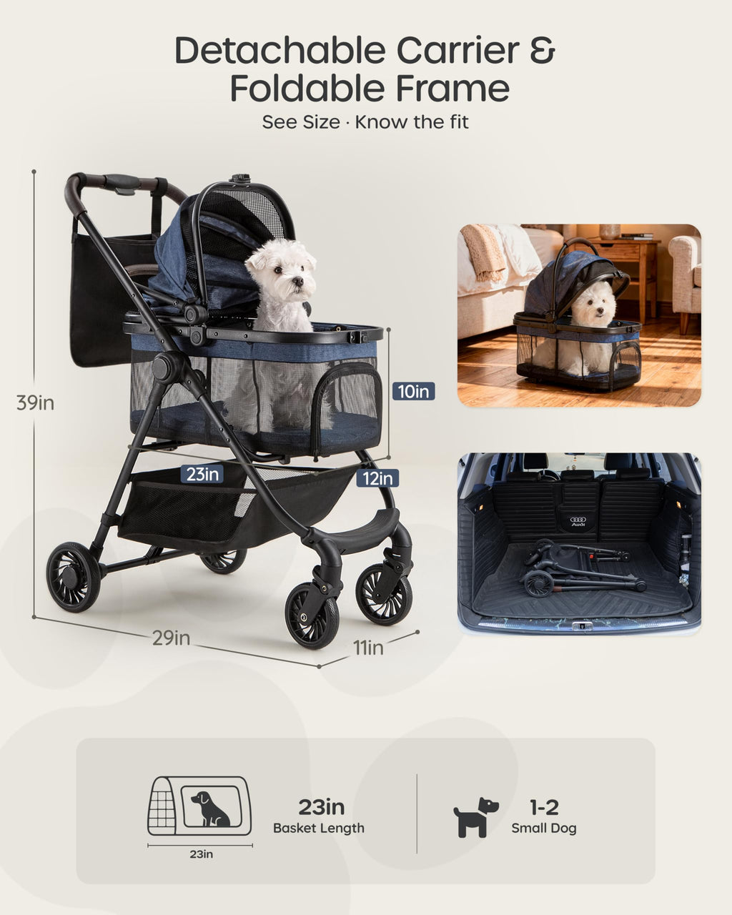 Foldable Pet Stroller with Detachable Carrier I43825