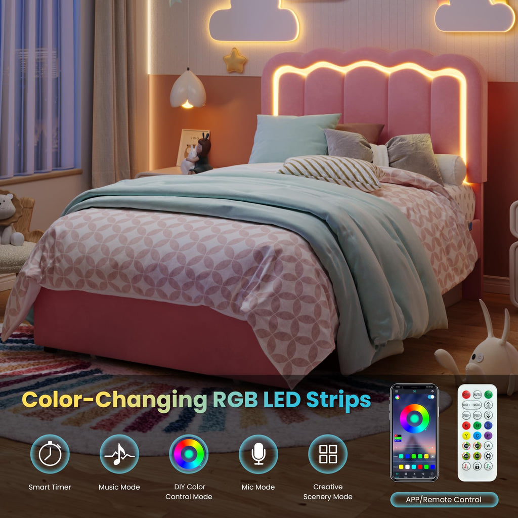 Twin Size Bed Frame with LED Lights and Storage Drawer O925219