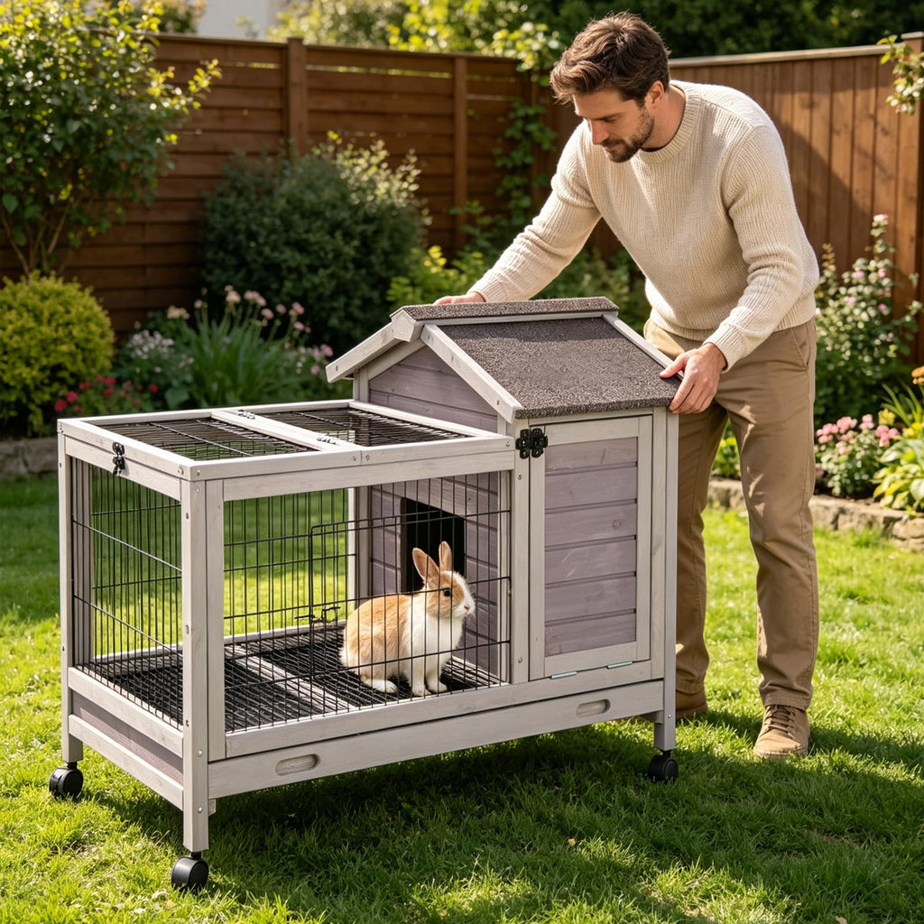Wooden Rabbit Cage with Pull Out Tray and Wheels V87388