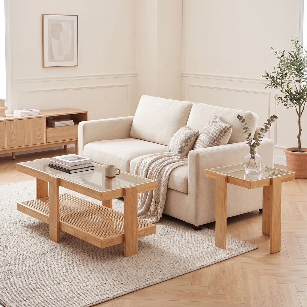 Nesting Coffee Table Set of 2 Rattan Tempered Glass R683397