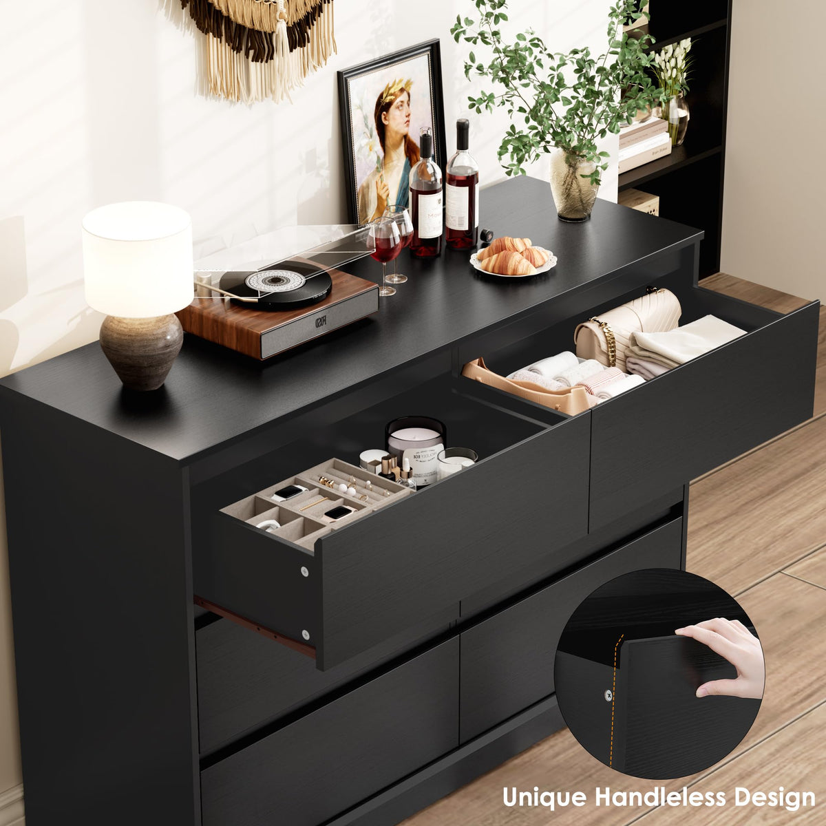 Black 6 Drawer Double Dresser H400