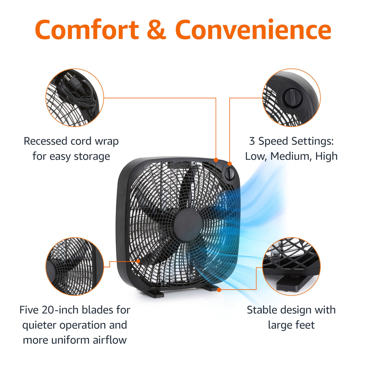 Black 20-Inch 3-Speed Box Fan with Carry Handle Y743228