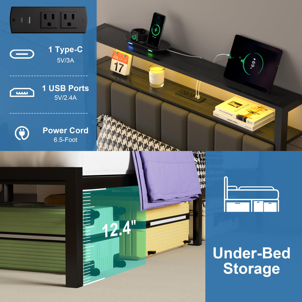 Black Twin Size Platform Bed Frame with Charging Station and LED Lights N469