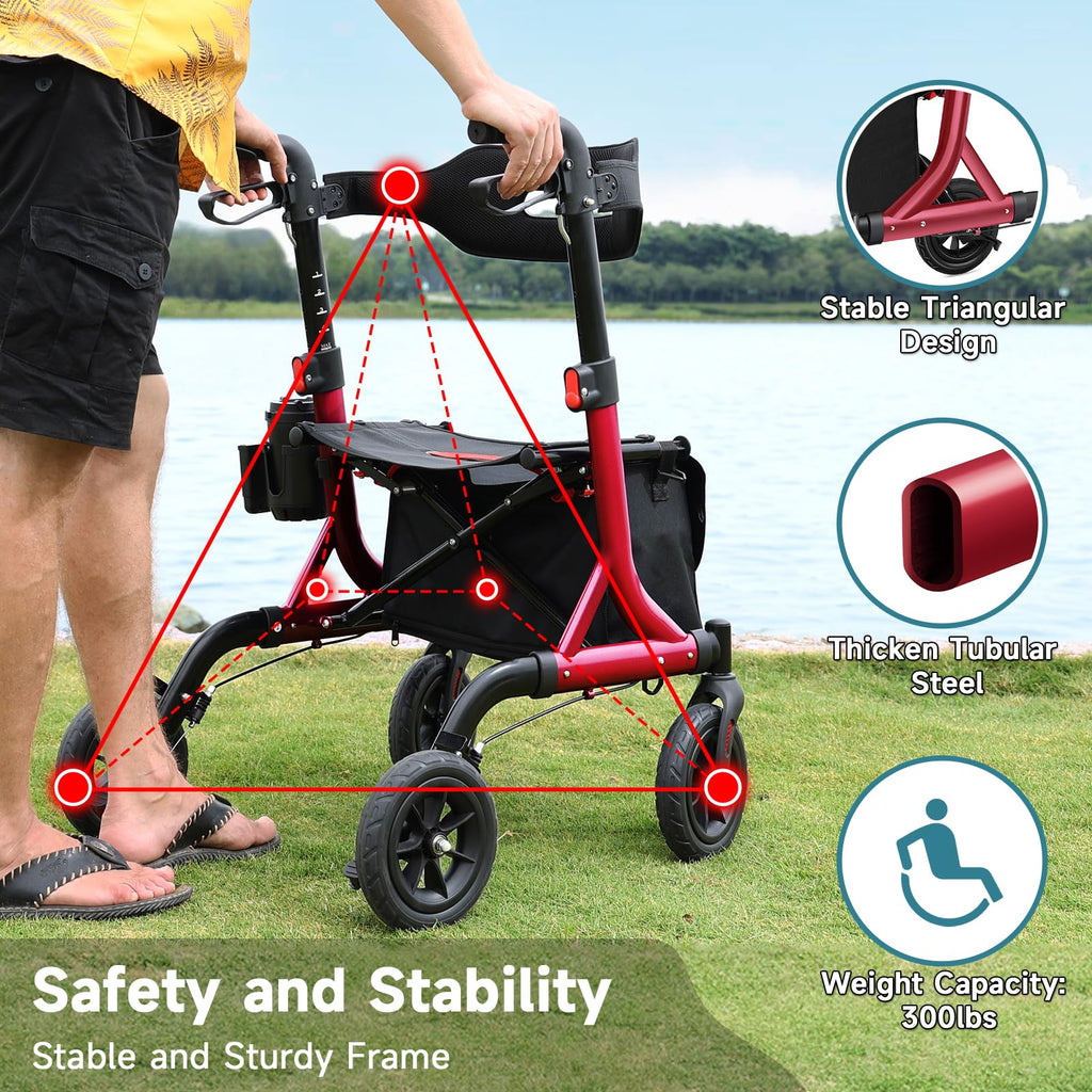 Red Foldable Rollator Walker with Seat, 8" Rubber Wheels and Backrest C54782