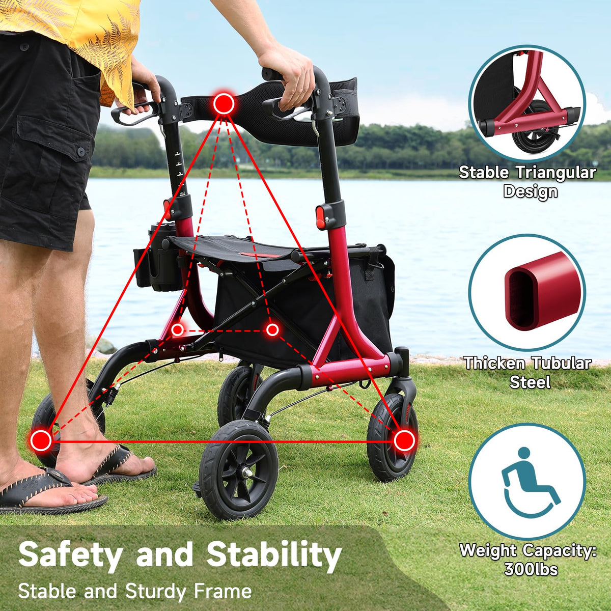 Red Foldable Rollator Walker with Seat, 8" Rubber Wheels and Backrest C54782
