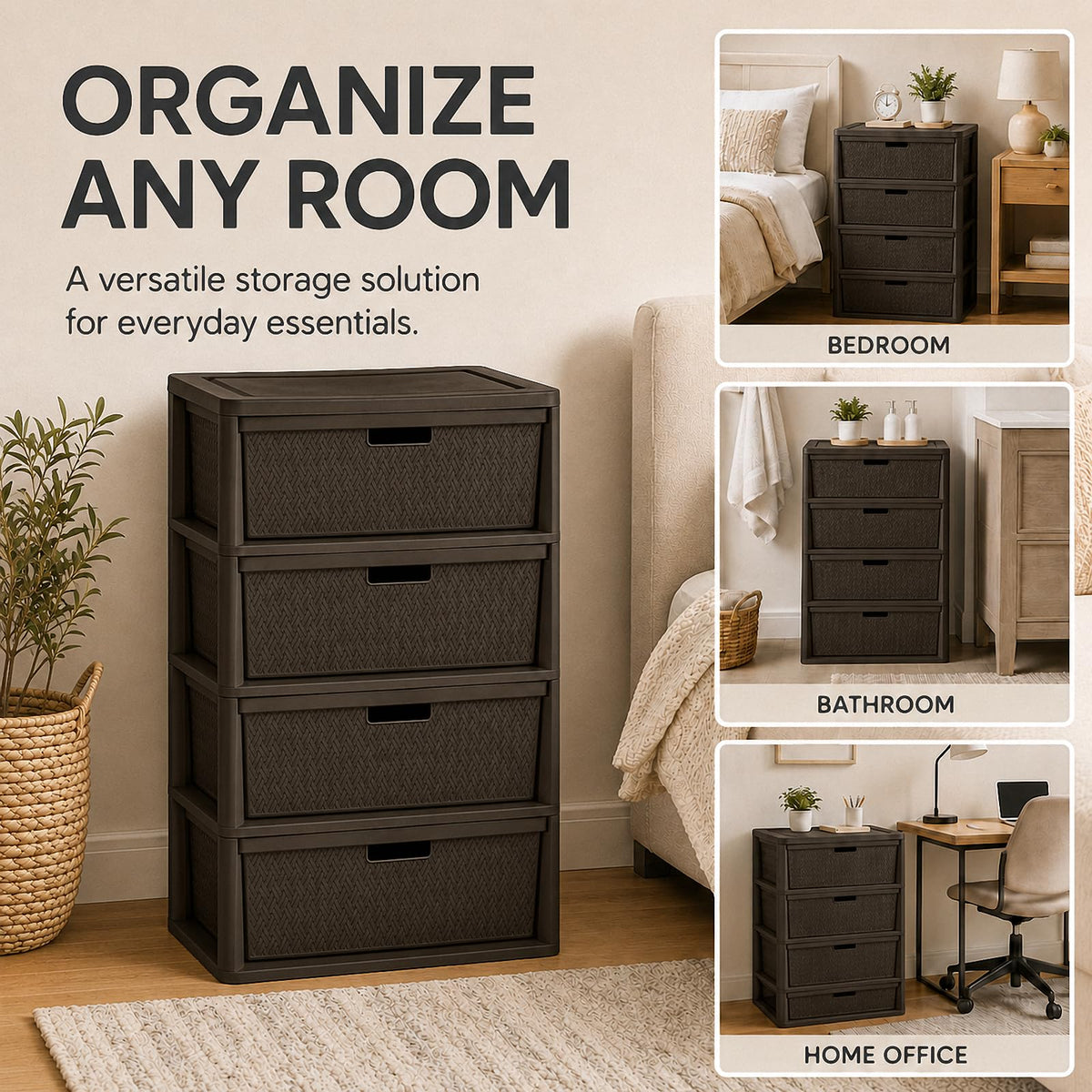 Brown 4-Drawer Plastic Storage Tower M886297