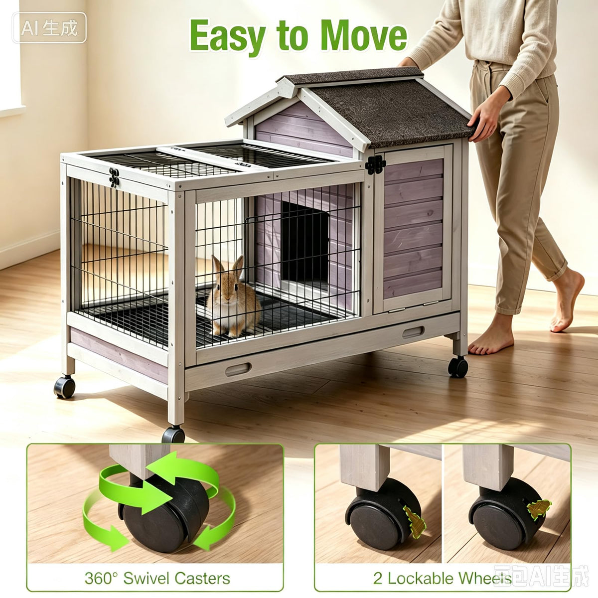 Wooden Rabbit Cage with Pull Out Tray and Wheels V87388