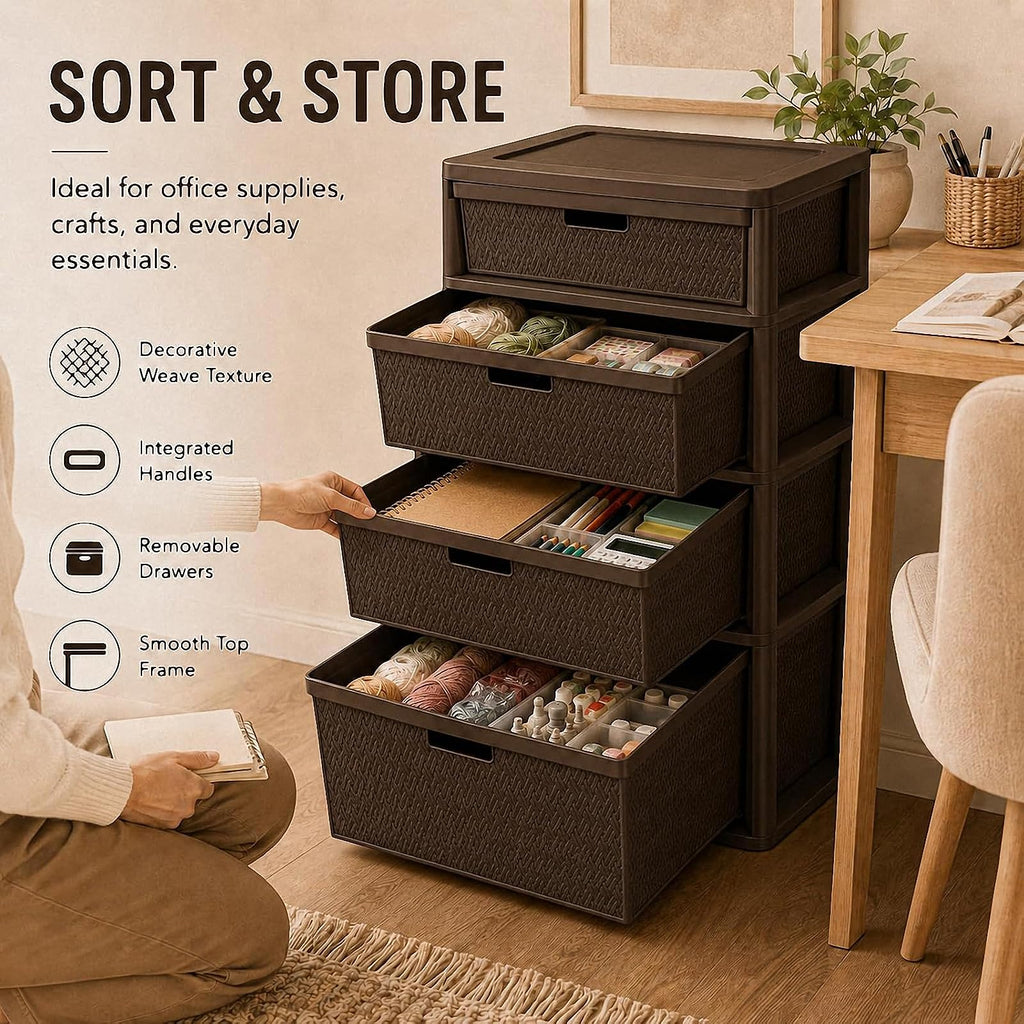 Brown 4-Drawer Plastic Storage Tower M886297