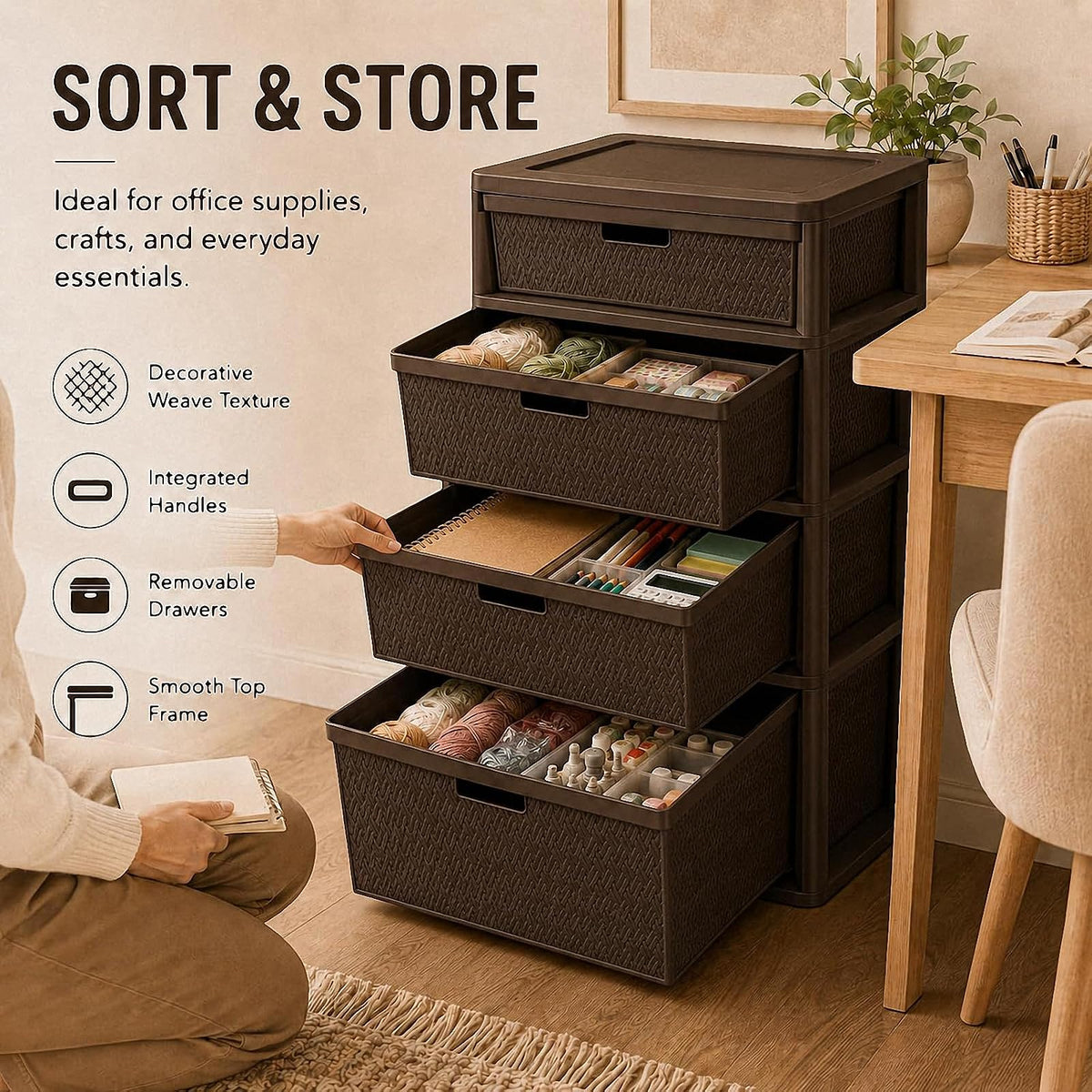 Brown 4-Drawer Plastic Storage Tower M886297