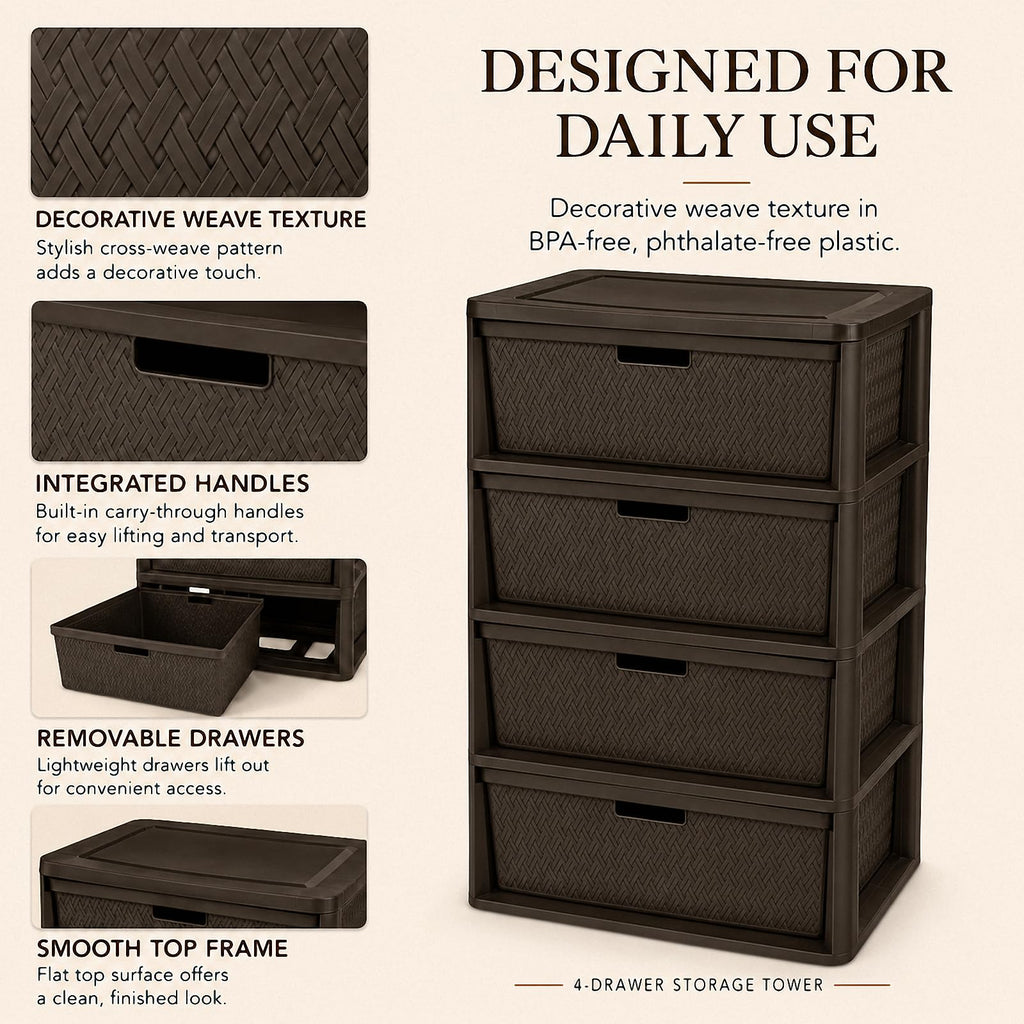 Brown 4-Drawer Plastic Storage Tower M886297