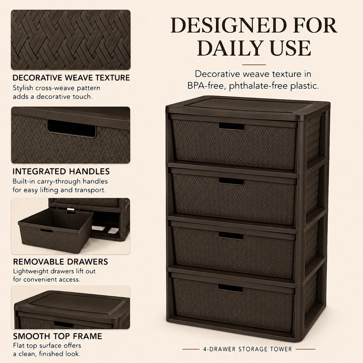 Brown 4-Drawer Plastic Storage Tower M886297