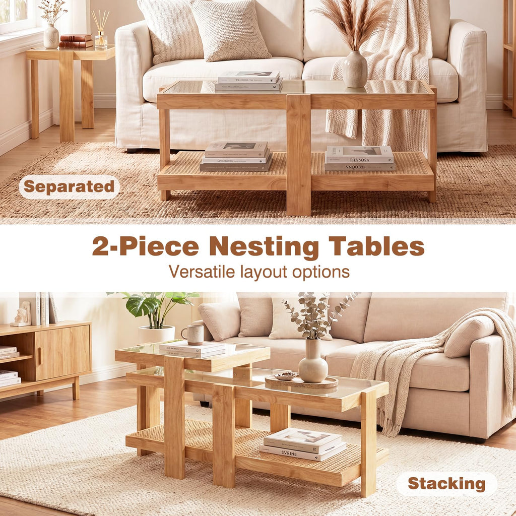Nesting Coffee Table Set of 2 Rattan Tempered Glass R683397