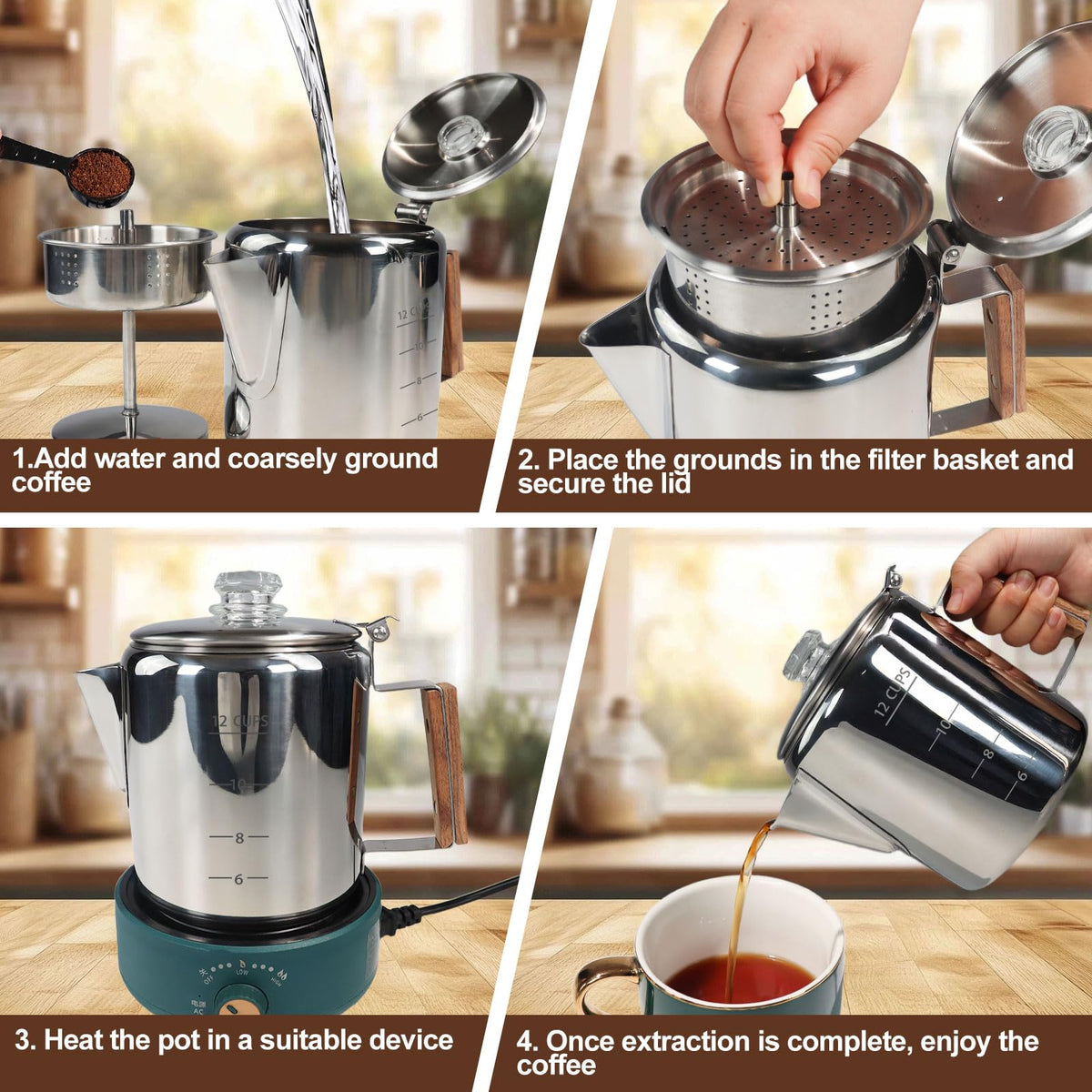 12 Cup Stainless Steel Stovetop Percolator Coffee Pot 2200ml D92199