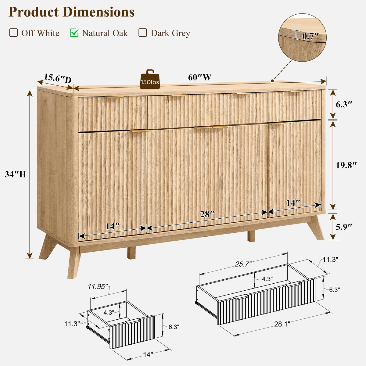 60" Natural Oak Storage Sideboard Cabinet with Drawers M92175