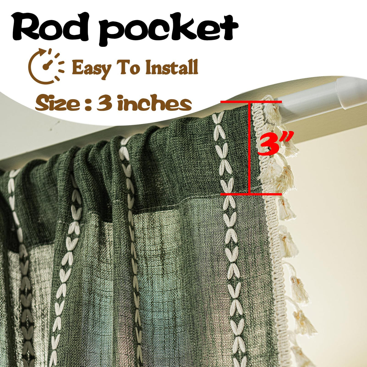 Boho Linen Tassles Light Filtering Door Curtains, Rod Pocket 1 Panel Olive Green E59751