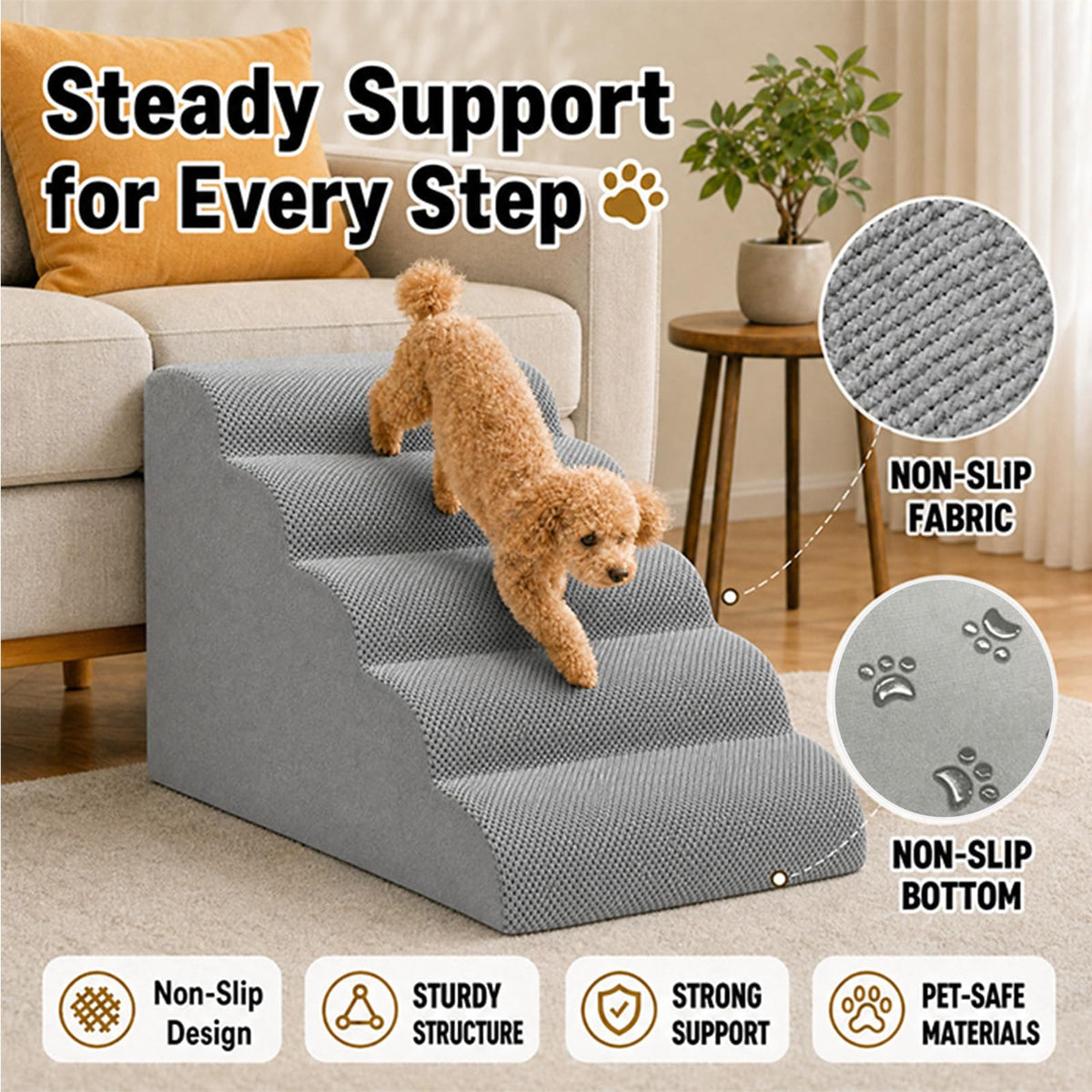 Dog Ramp, Pet Ramp, Dog Stairs, Non-Slip Ladder, 5-Step, Gray X96100