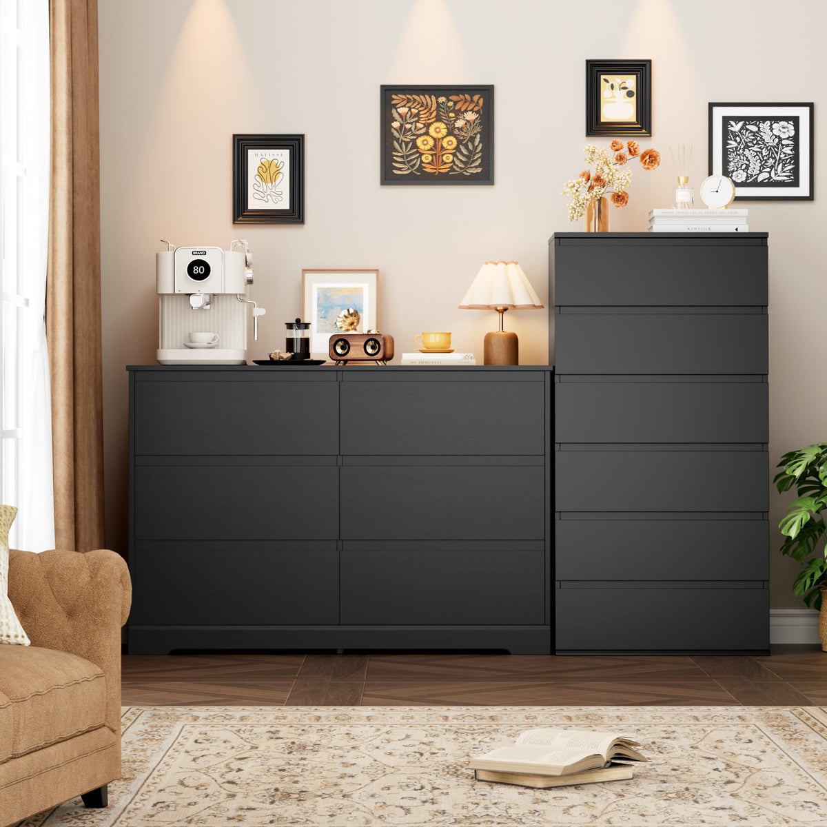 Black 6 Drawer Double Dresser H400