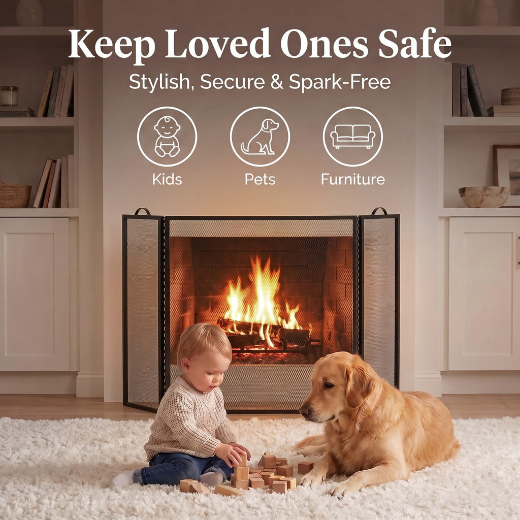 Metal Fireplace Screen 3 Panel Black W4706