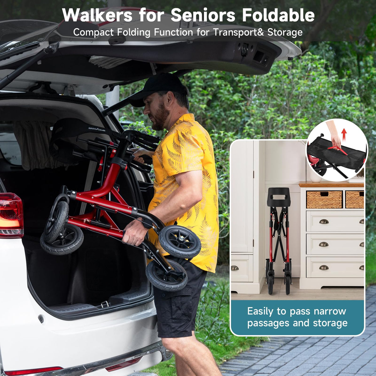 Red Foldable Rollator Walker with Seat, 8" Rubber Wheels and Backrest C54782