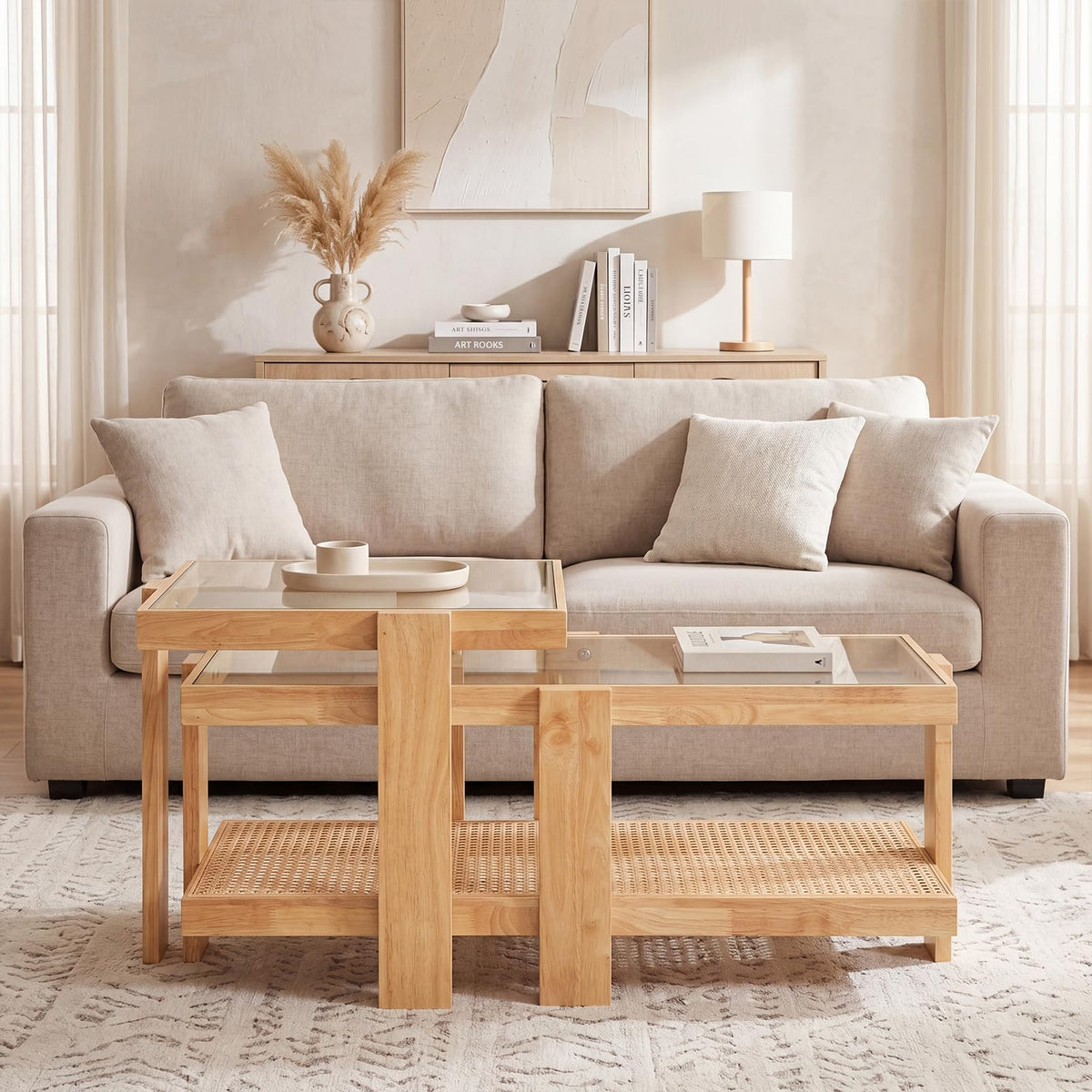 Nesting Coffee Table Set of 2 Rattan Tempered Glass R683397