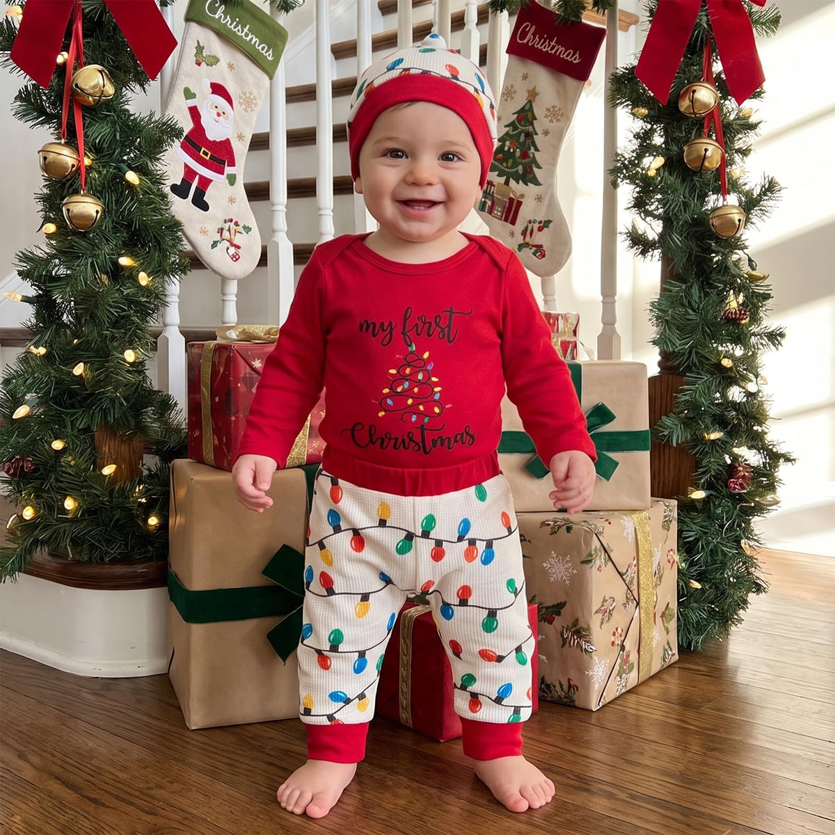 Christmas Baby Boy Outfit Romper Pants Hat W43585