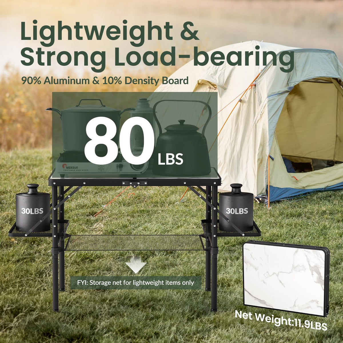 Folding Camping Table 3ft Aluminum with Side Racks & Storage Net E611