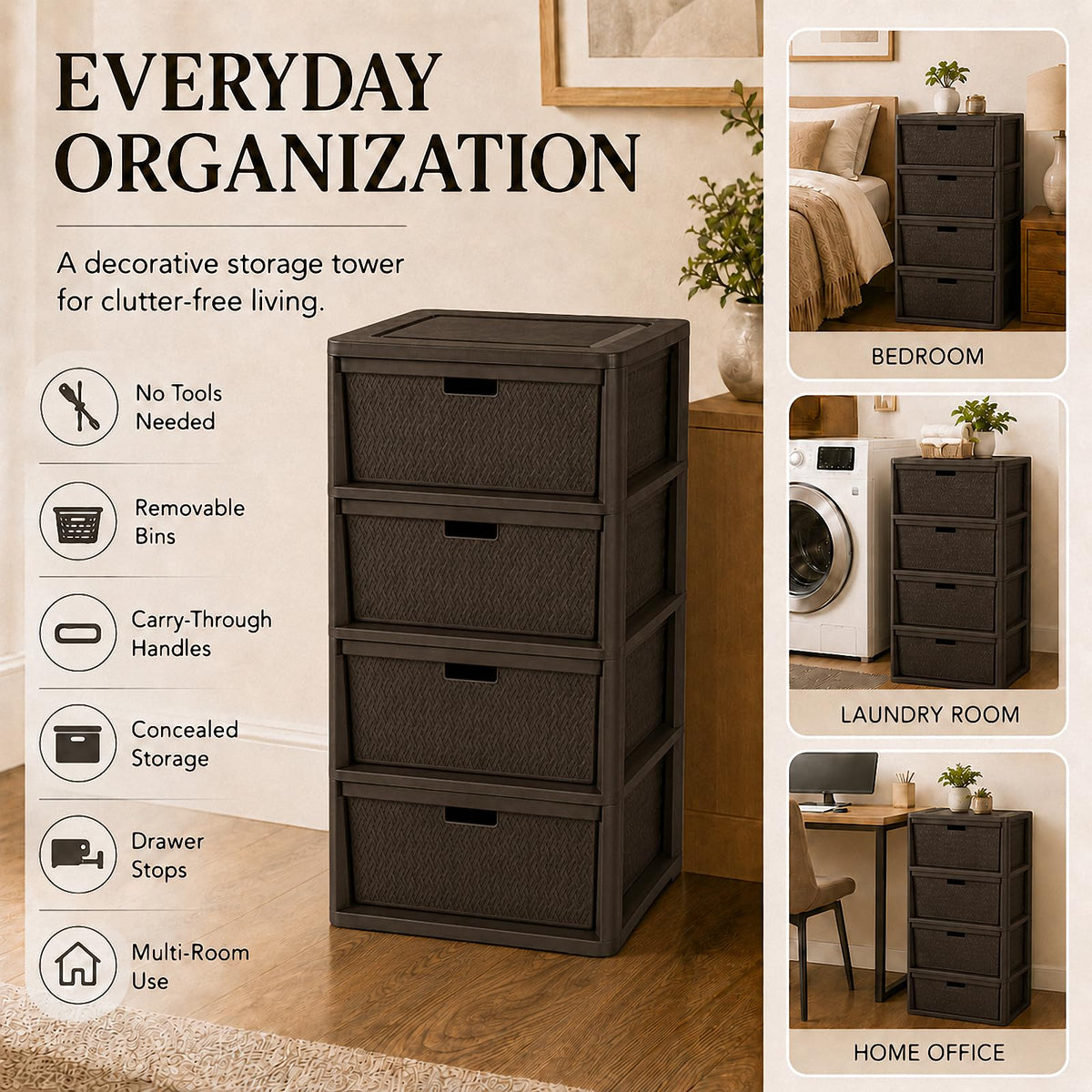 Brown 4-Drawer Plastic Storage Tower M886297