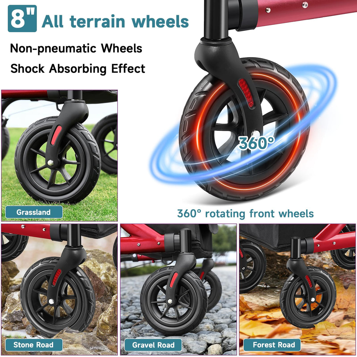 Red Foldable Rollator Walker with Seat, 8" Rubber Wheels and Backrest C54782
