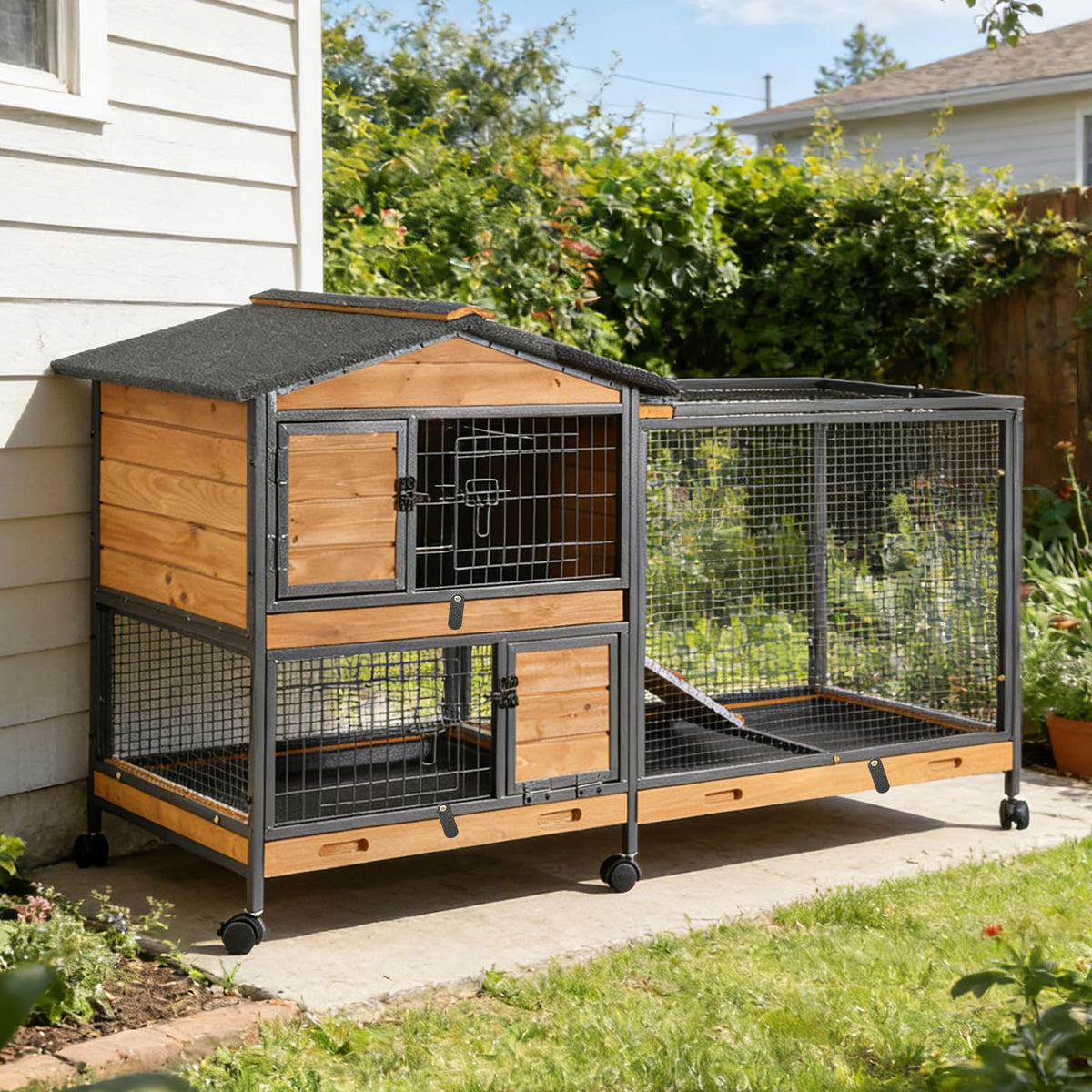 2-Story Rabbit Hutch with Metal Frame and 6 Locking Casters F14202