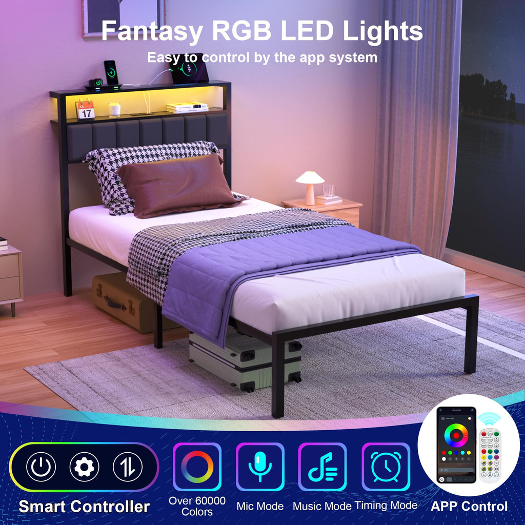 Black Twin Size Platform Bed Frame with Charging Station and LED Lights N469