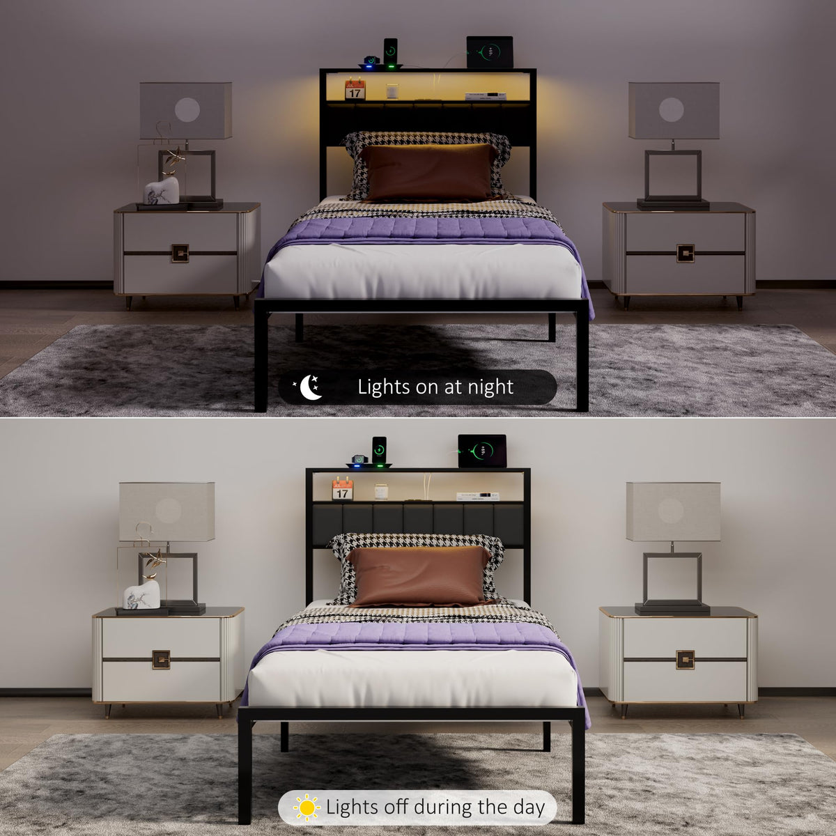 Black Twin Size Platform Bed Frame with Charging Station and LED Lights N469
