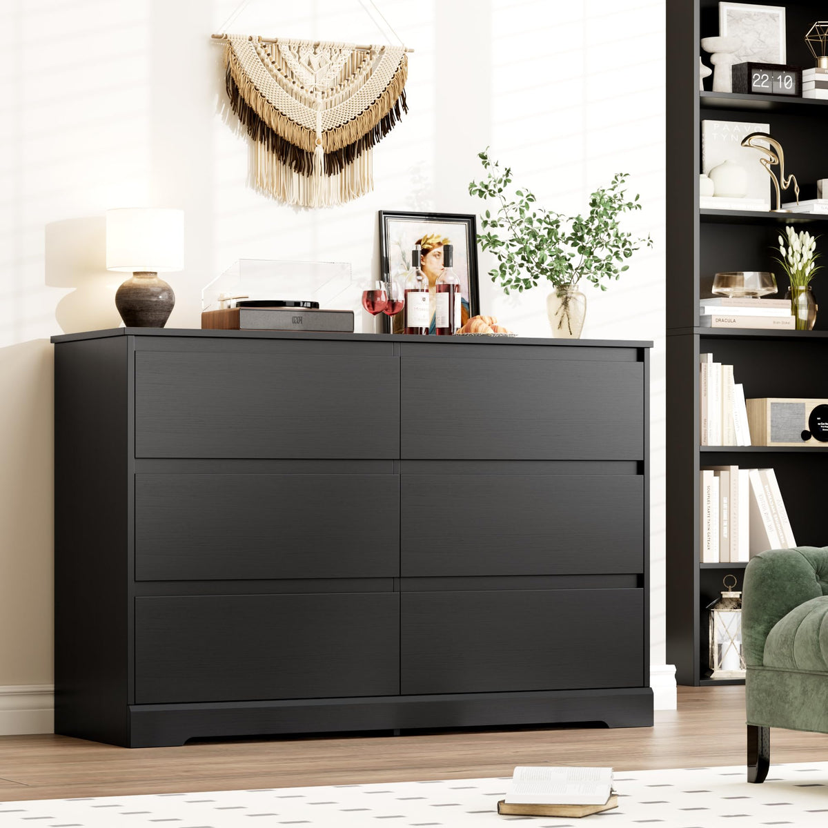 Black 6 Drawer Double Dresser H400