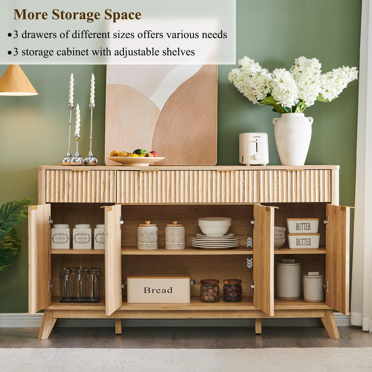 60" Natural Oak Storage Sideboard Cabinet with Drawers M92175