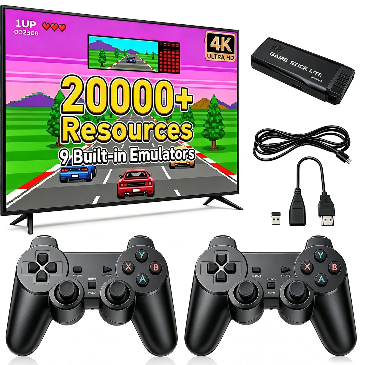Black 4K Retro Gaming Console with 2.4G Wireless Controllers D409966