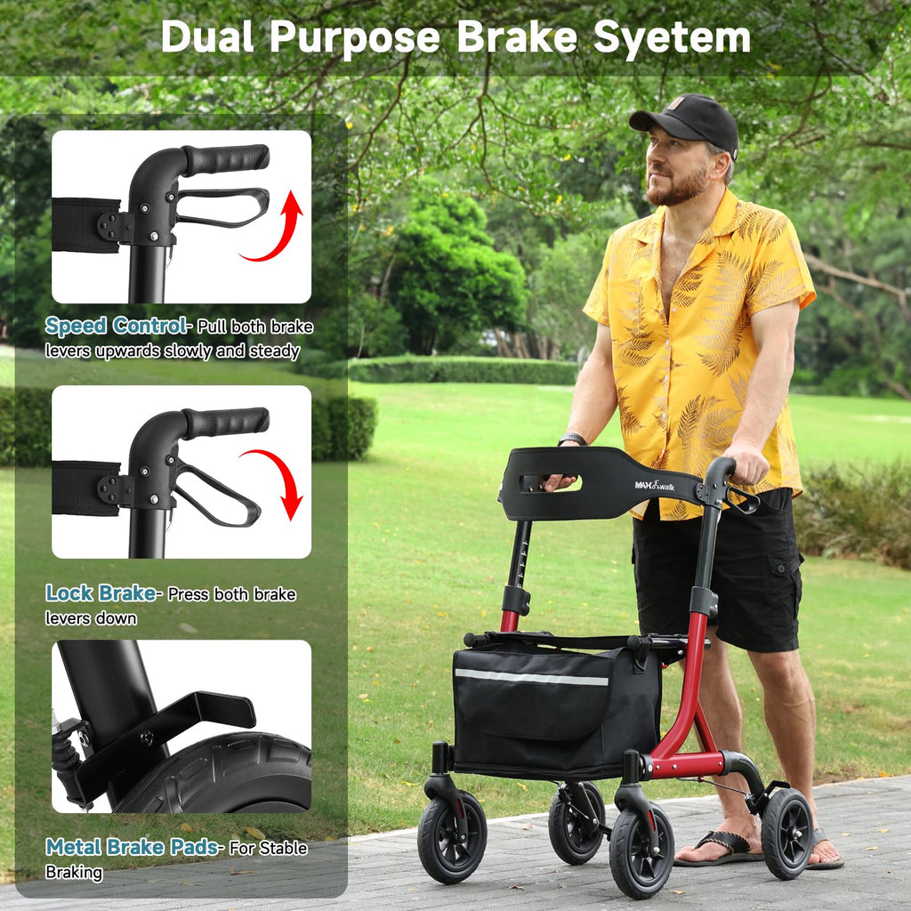 Red Foldable Rollator Walker with Seat, 8" Rubber Wheels and Backrest C54782