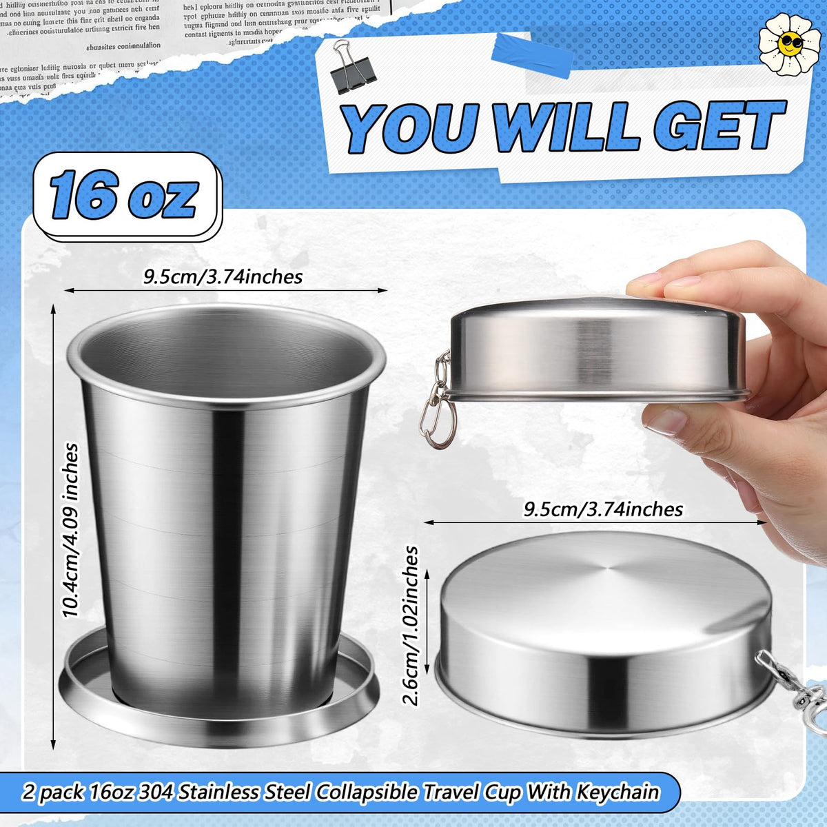 2 Pack 304 Stainless Steel Collapsible Cup 16 oz B12632