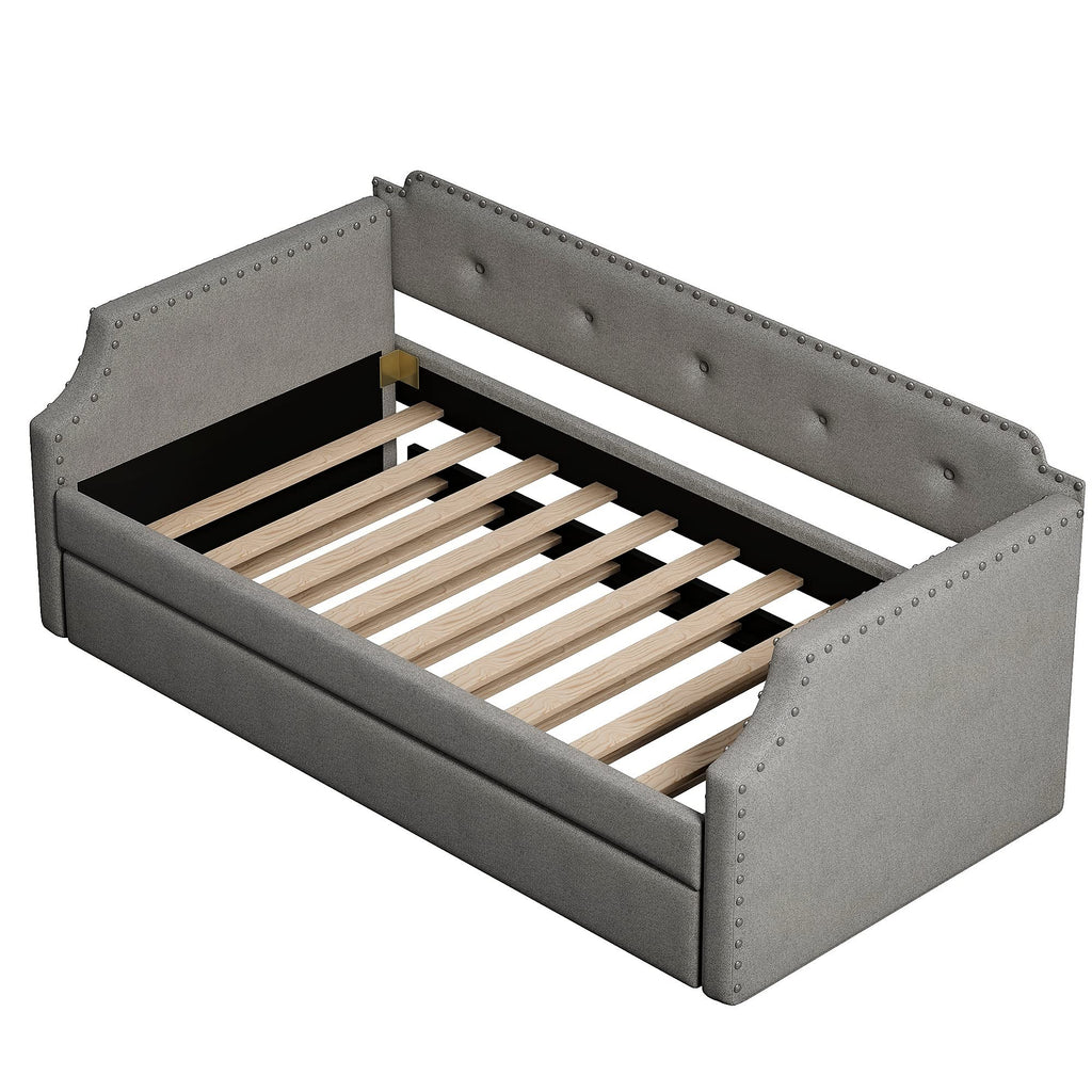 Twin Size Gray Linen Upholstered Daybed with Trundle G90171