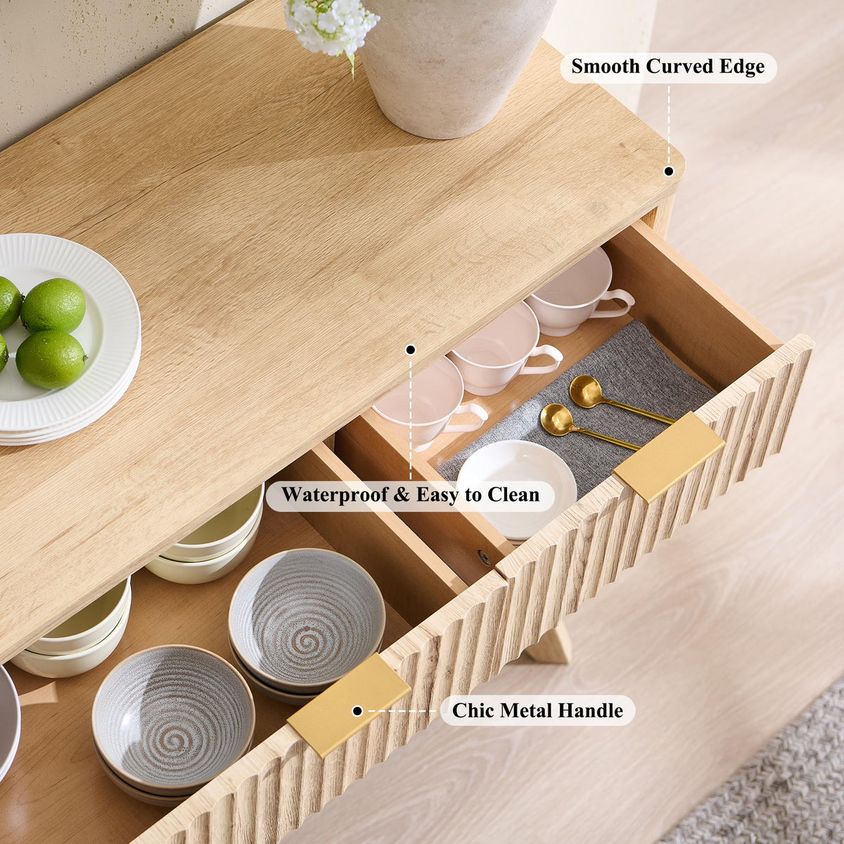 60" Natural Oak Storage Sideboard Cabinet with Drawers M92175