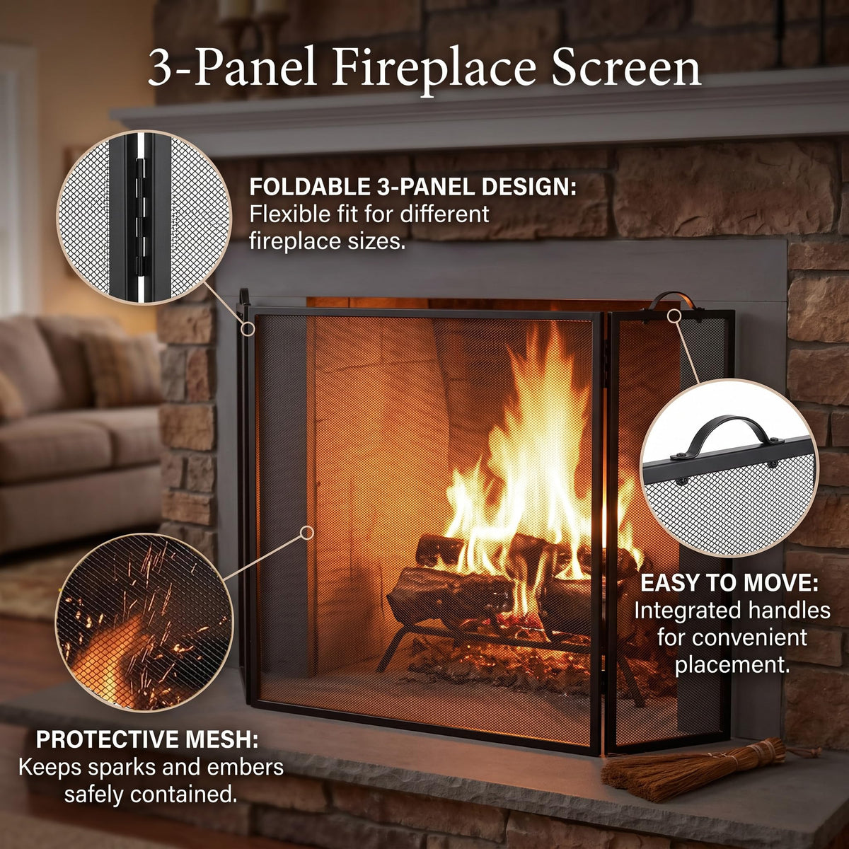 Metal Fireplace Screen 3 Panel Black W4706
