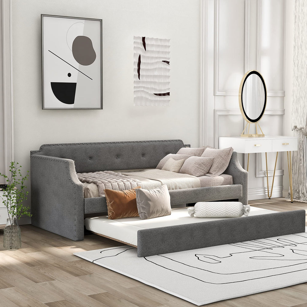 Twin Size Gray Linen Upholstered Daybed with Trundle G90171