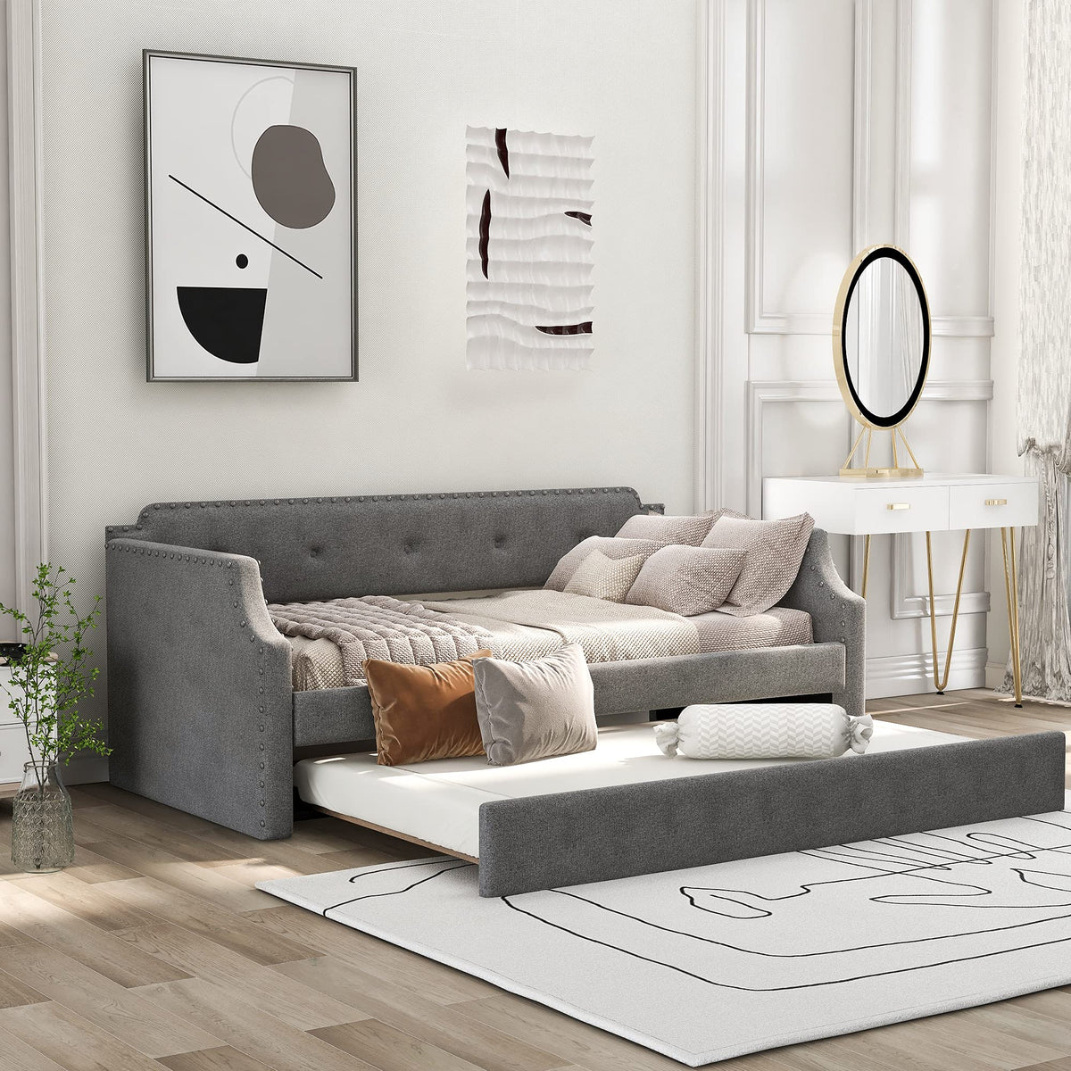 Twin Size Gray Linen Upholstered Daybed with Trundle G90171