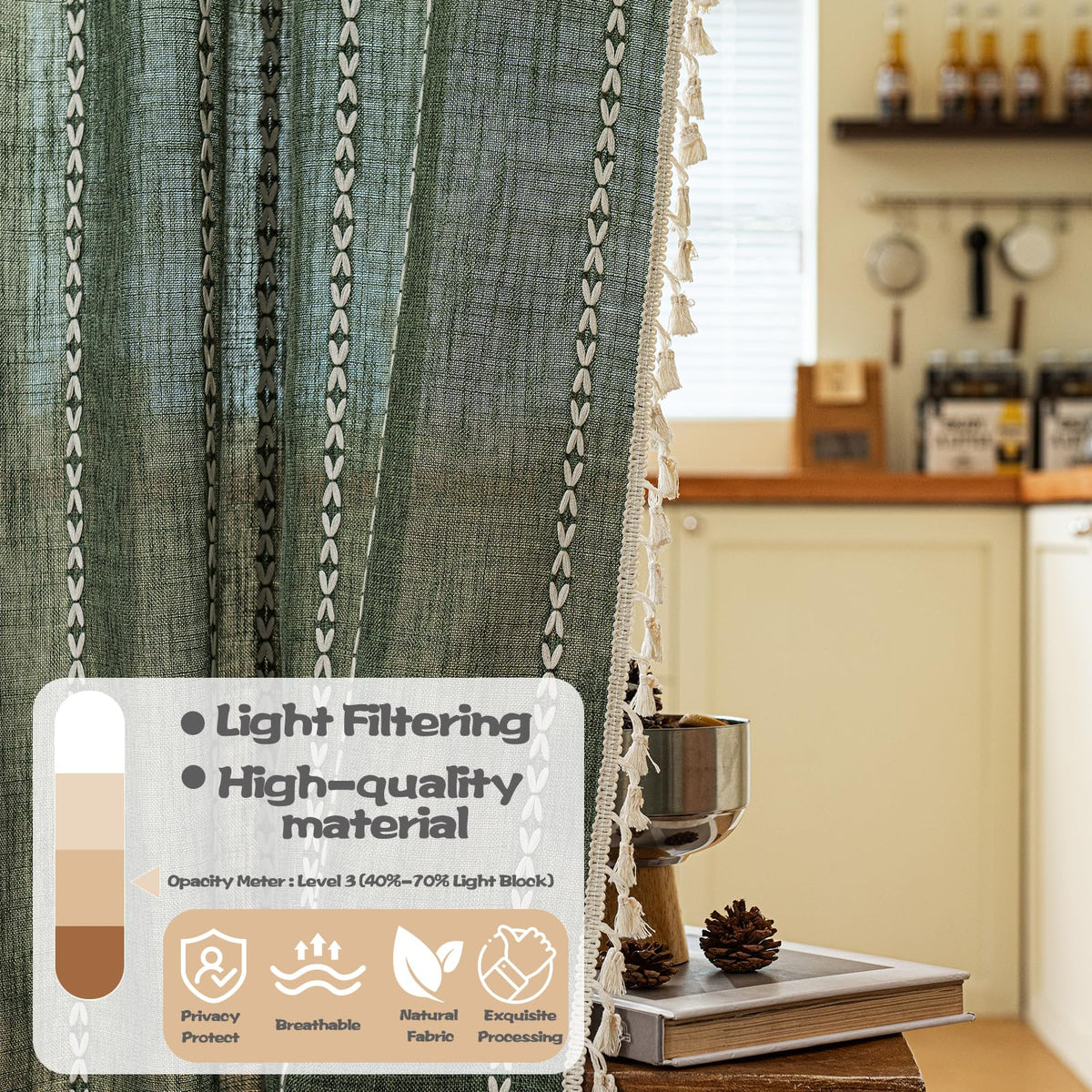 Boho Linen Tassles Light Filtering Door Curtains, Rod Pocket 1 Panel Olive Green E59751